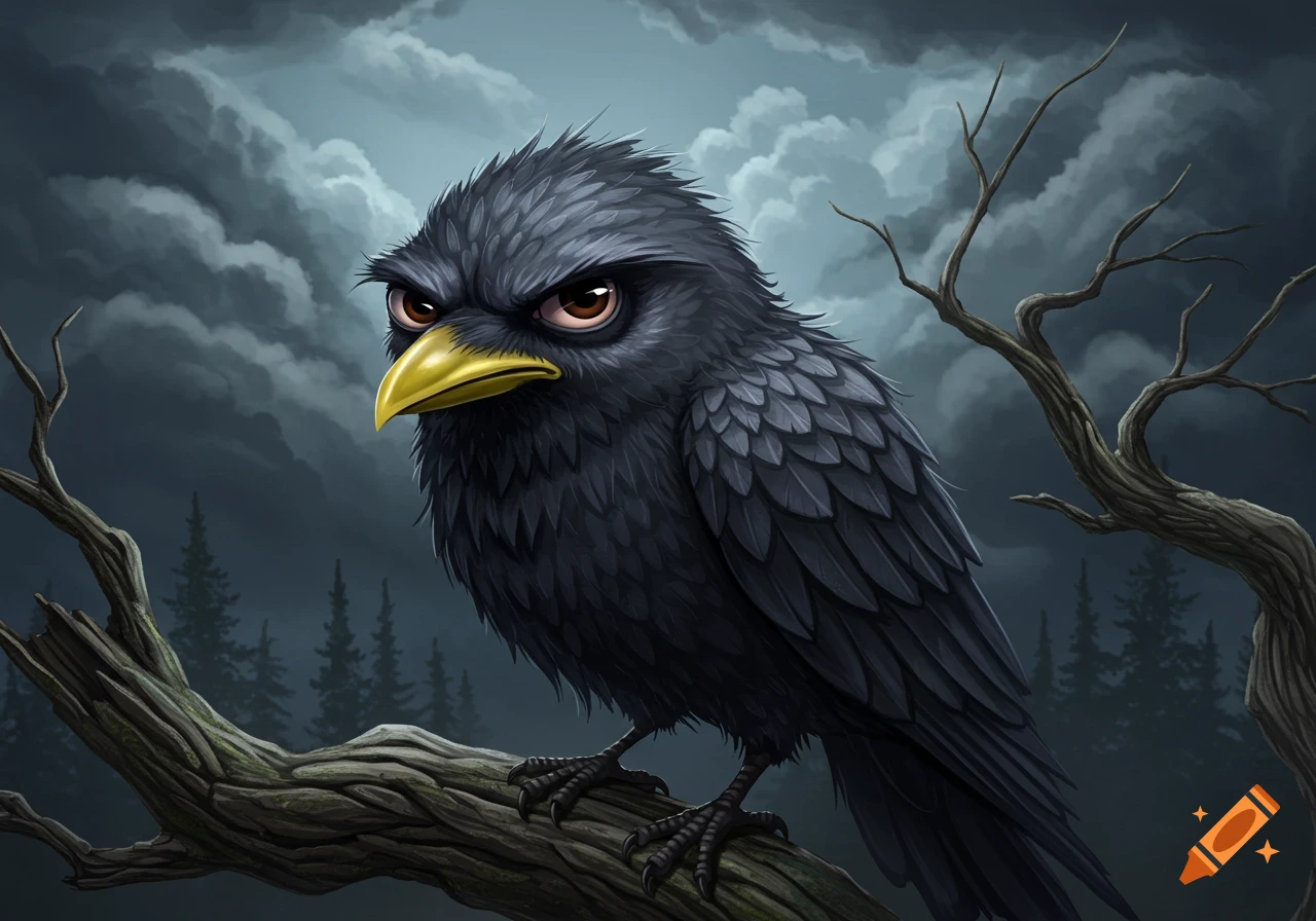 A grumpy black bird sitting on a branch under a cloudy sky.