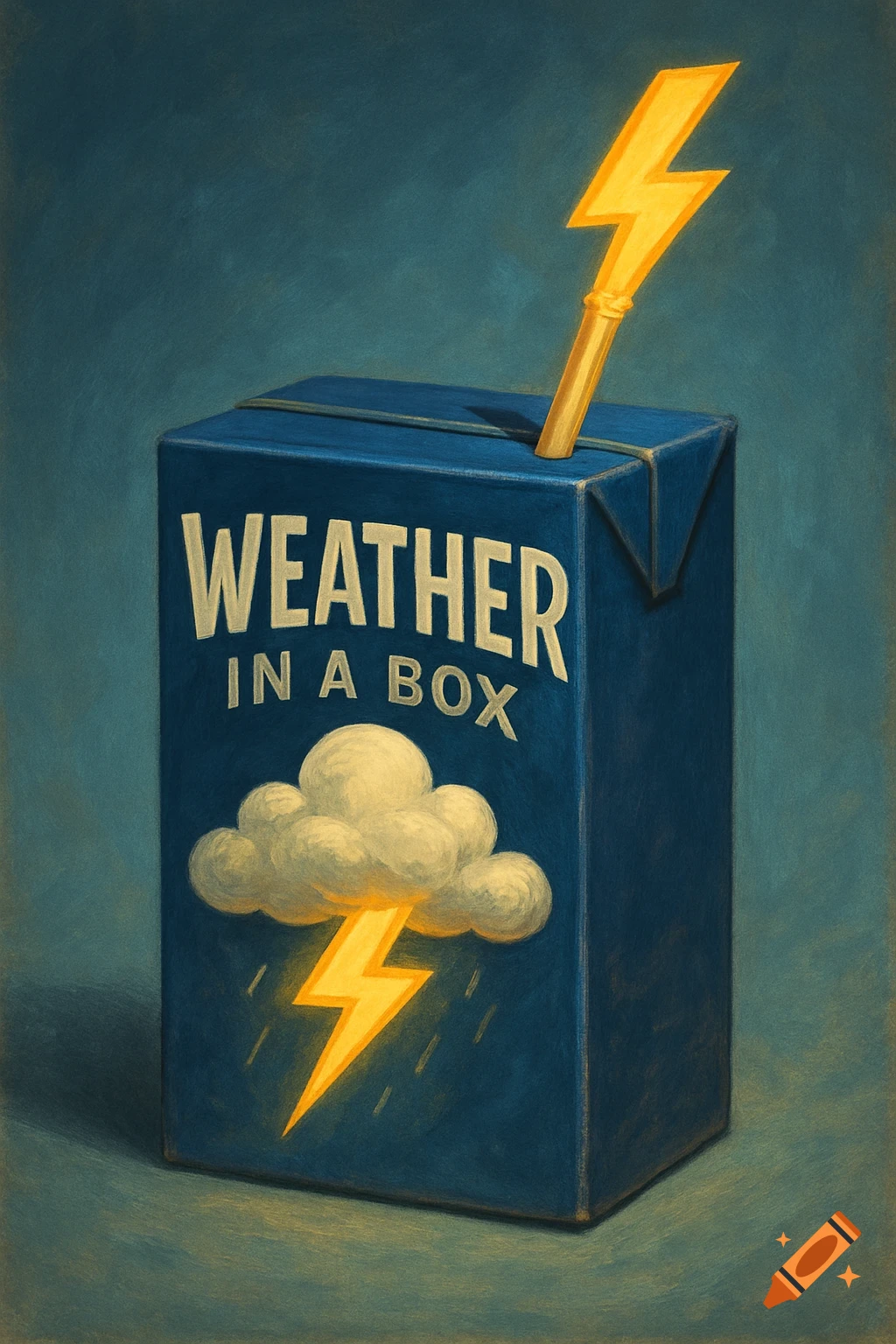A painted illustration of a blue juice box labeled 'Weather in a Box' with a lightning bolt for a straw, and a cloud graphic.