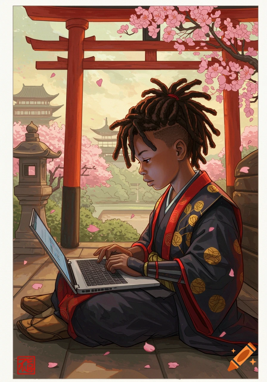A black kid with dreads in traditional Japanese clothing types on a laptop outside with cherry blossoms and temples.
