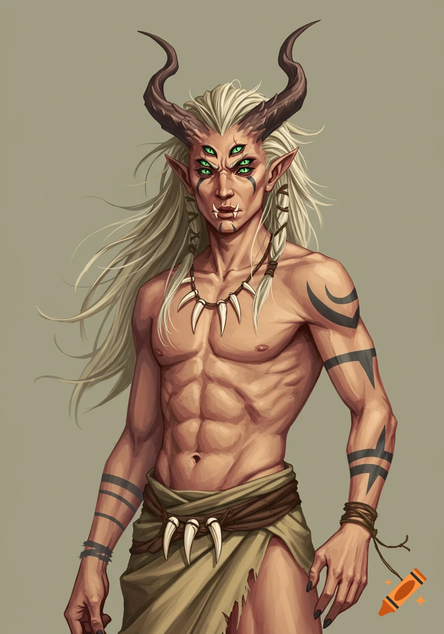 Painting of a fantasy male character with horns, four green eyes, tattoos, and a loincloth.