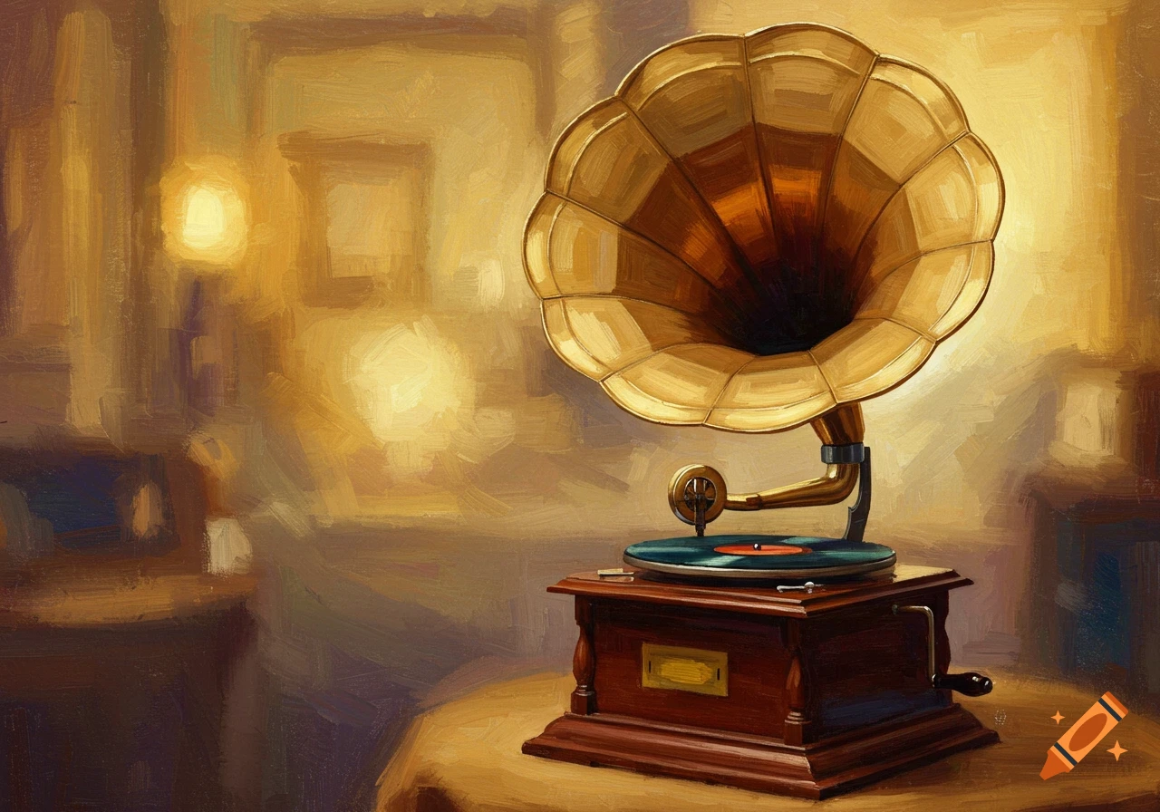 An impressionist painting of a vintage phonograph on a table.