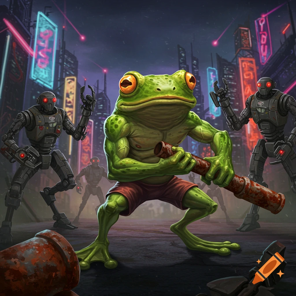 A muscular frog in shorts holding a pipe stands ready to fight robots in a cyberpunk city with neon signs.
