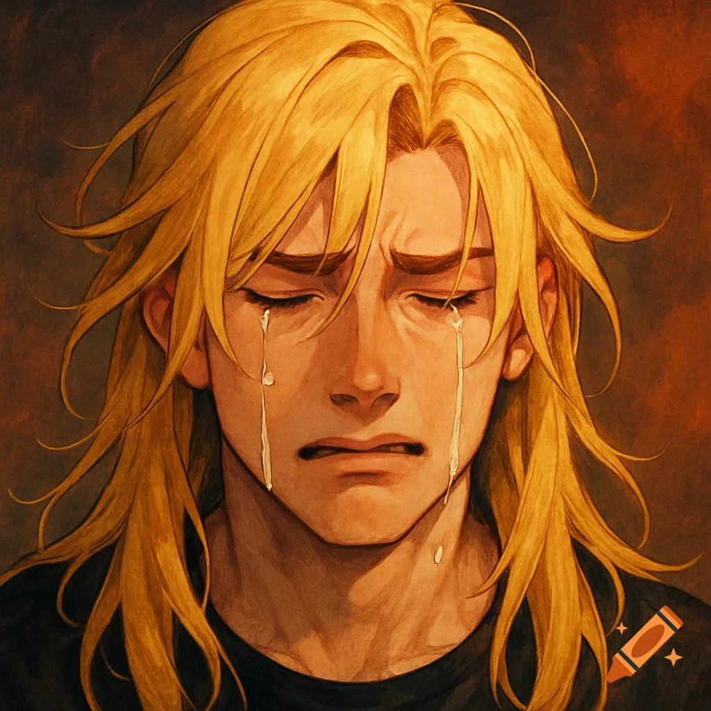 Anime portrait of a person with long blonde hair crying.