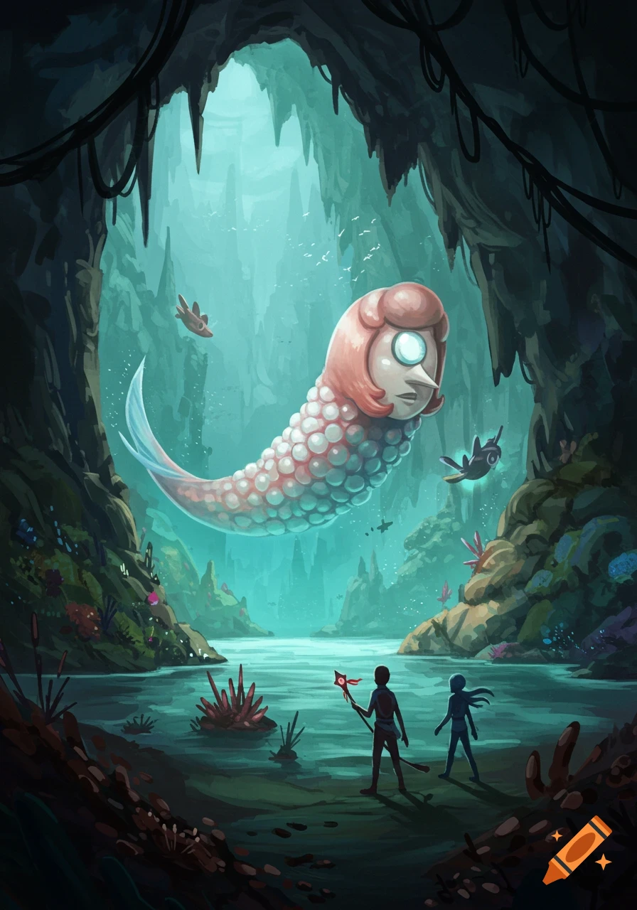 A strange pearl-like creature floats in a cave lagoon as two figures watch from the shore.