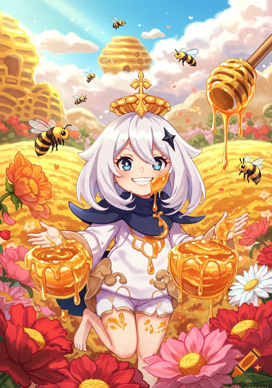 Anime character Paimon covered in honey, surrounded by bees and flowers in a golden landscape.