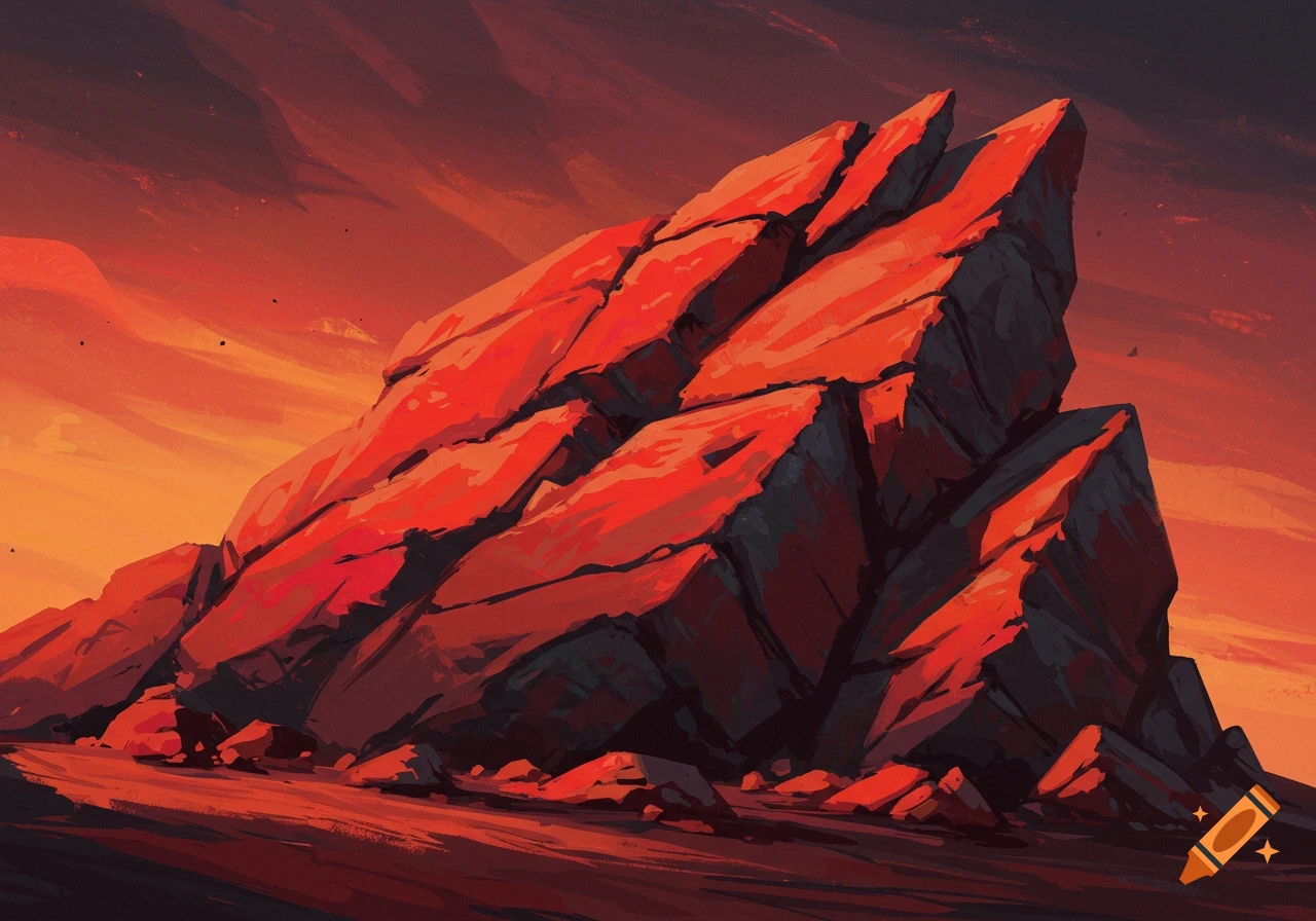 A large red and orange rock formation under a dramatic sky