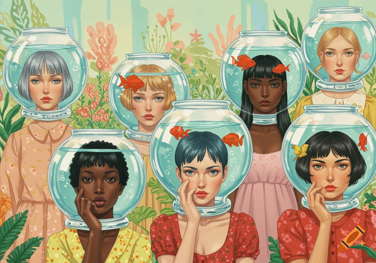 Surreal scene of diverse women with fishbowls on their heads containing fish, in a pastel garden.