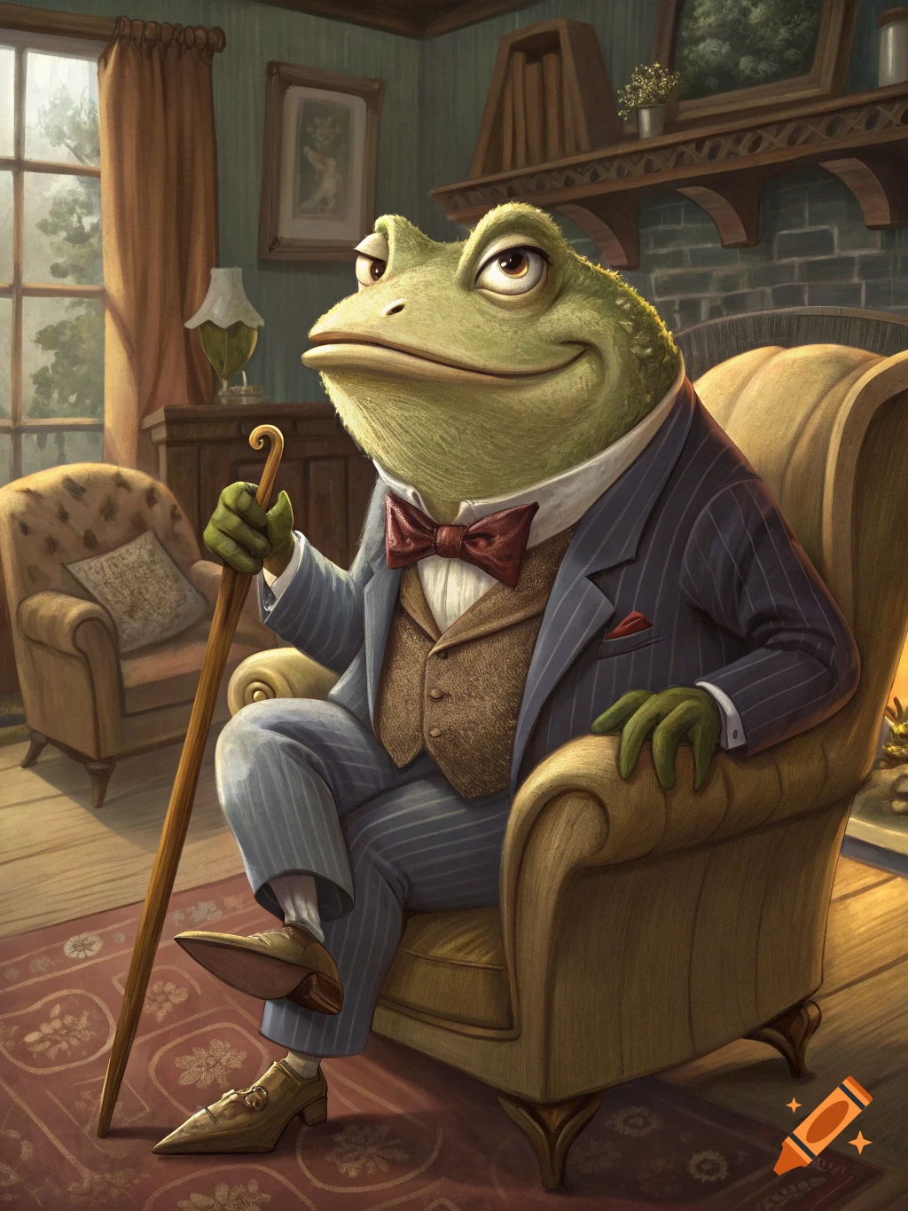An anthropomorphic frog in a pinstripe suit sits in an armchair holding a cane.