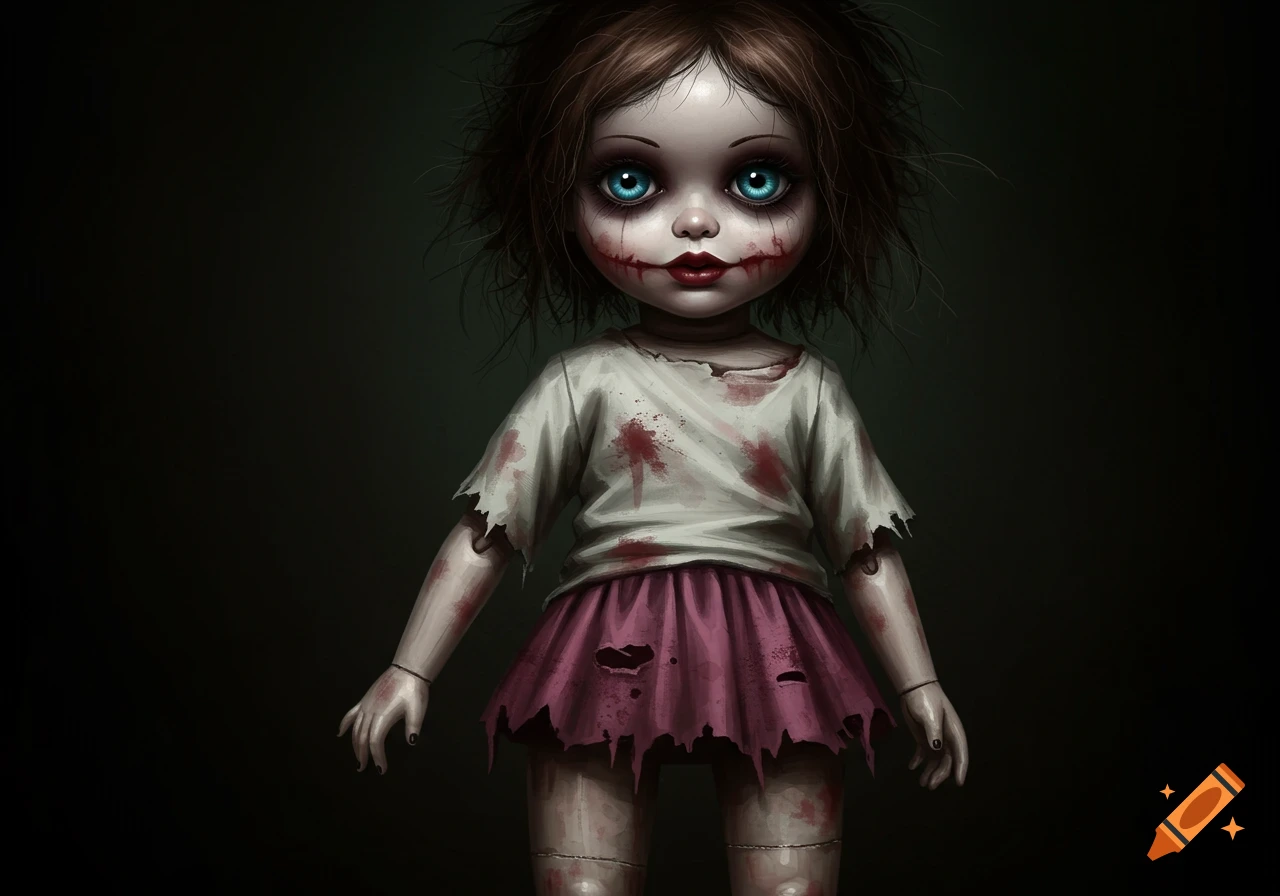 Creepy doll with stitches, bloodstains, torn clothes, and wide blue eyes.