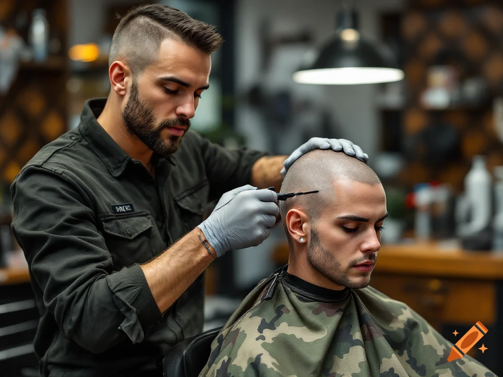 A barber trims the head of a client in a barbershop.