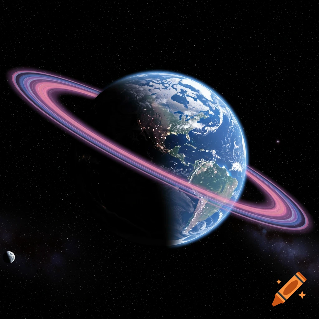 Earth with glowing rings in space, with a moon visible.