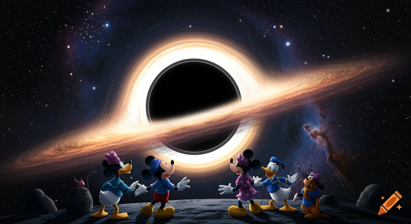 Mickey Mouse, Minnie Mouse, Donald Duck, and Goofy look at a black hole and galaxy in space.
