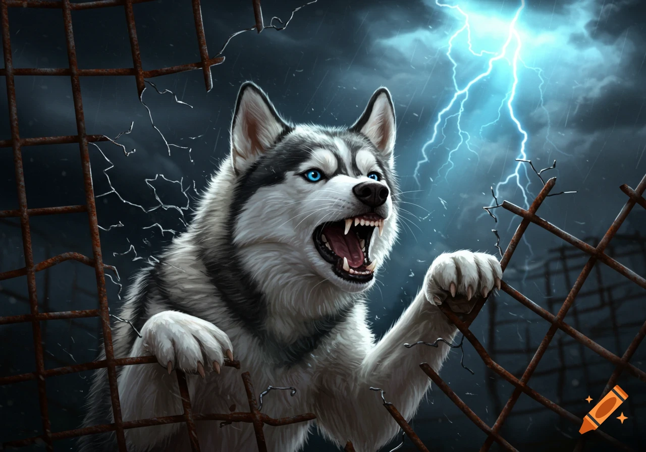 An angry husky with blue eyes breaking a rusty cage during a lightning storm.