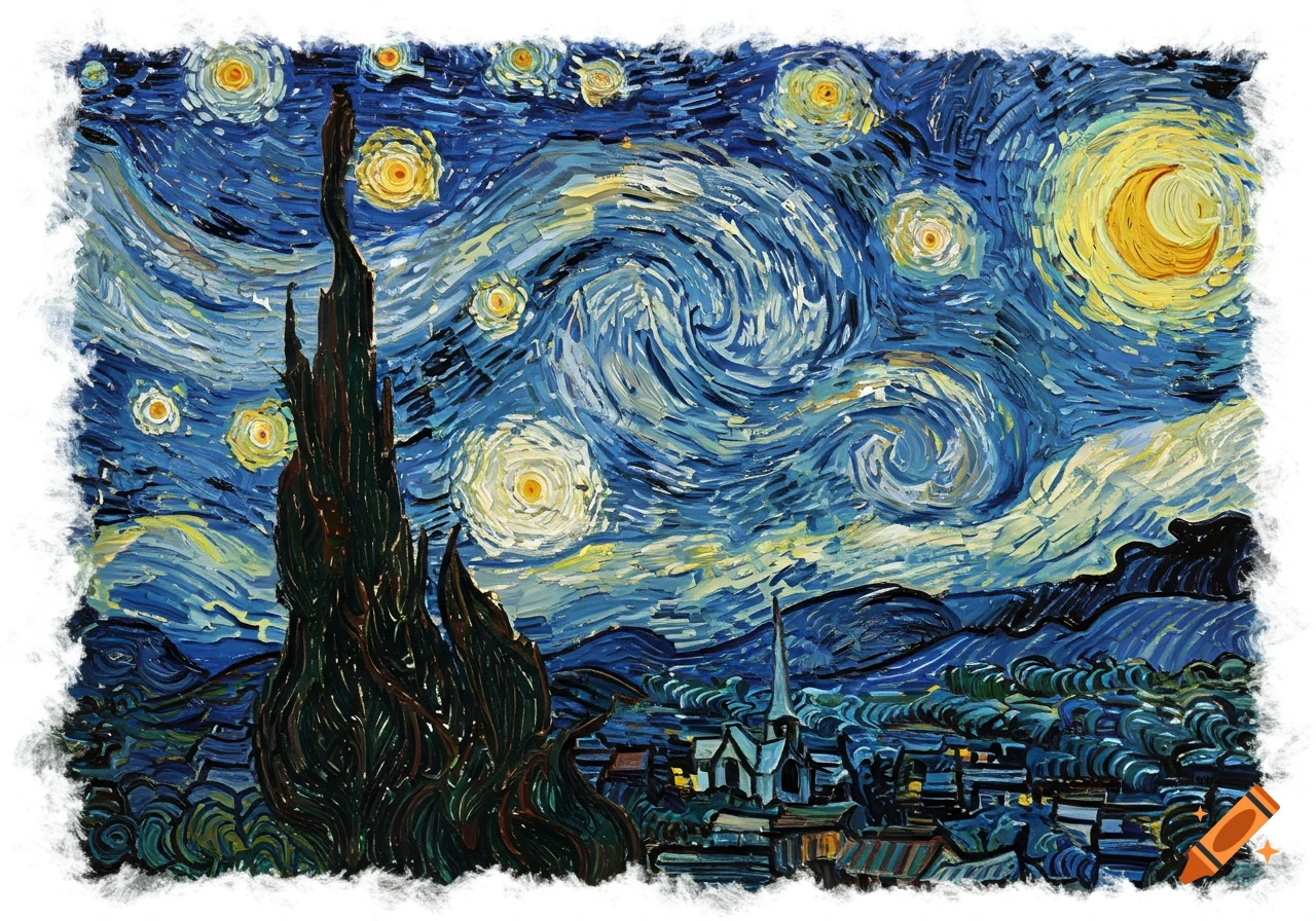 Van Gogh's Starry Night painting with swirling sky, cypress tree, and village.
