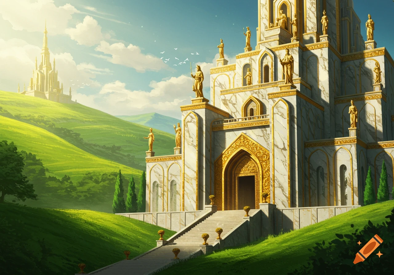 Fantasy landscape with a large white marble and gold castle on a green hill and a distant golden castle.