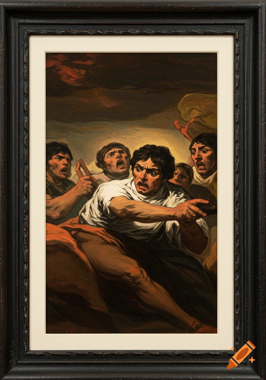 Painting in the style of Goya showing men with dramatic, fearful expressions.