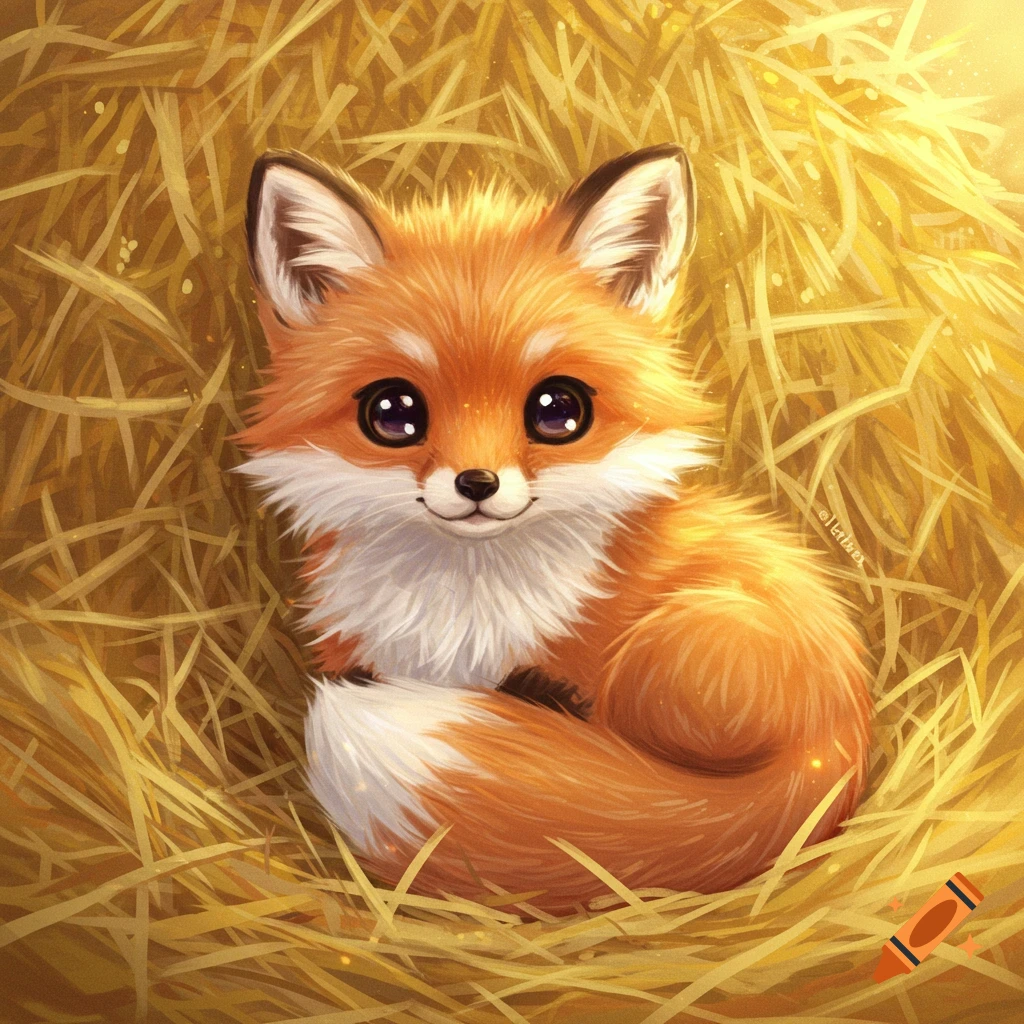 Cute fluffy orange fox with big eyes sitting in hay.