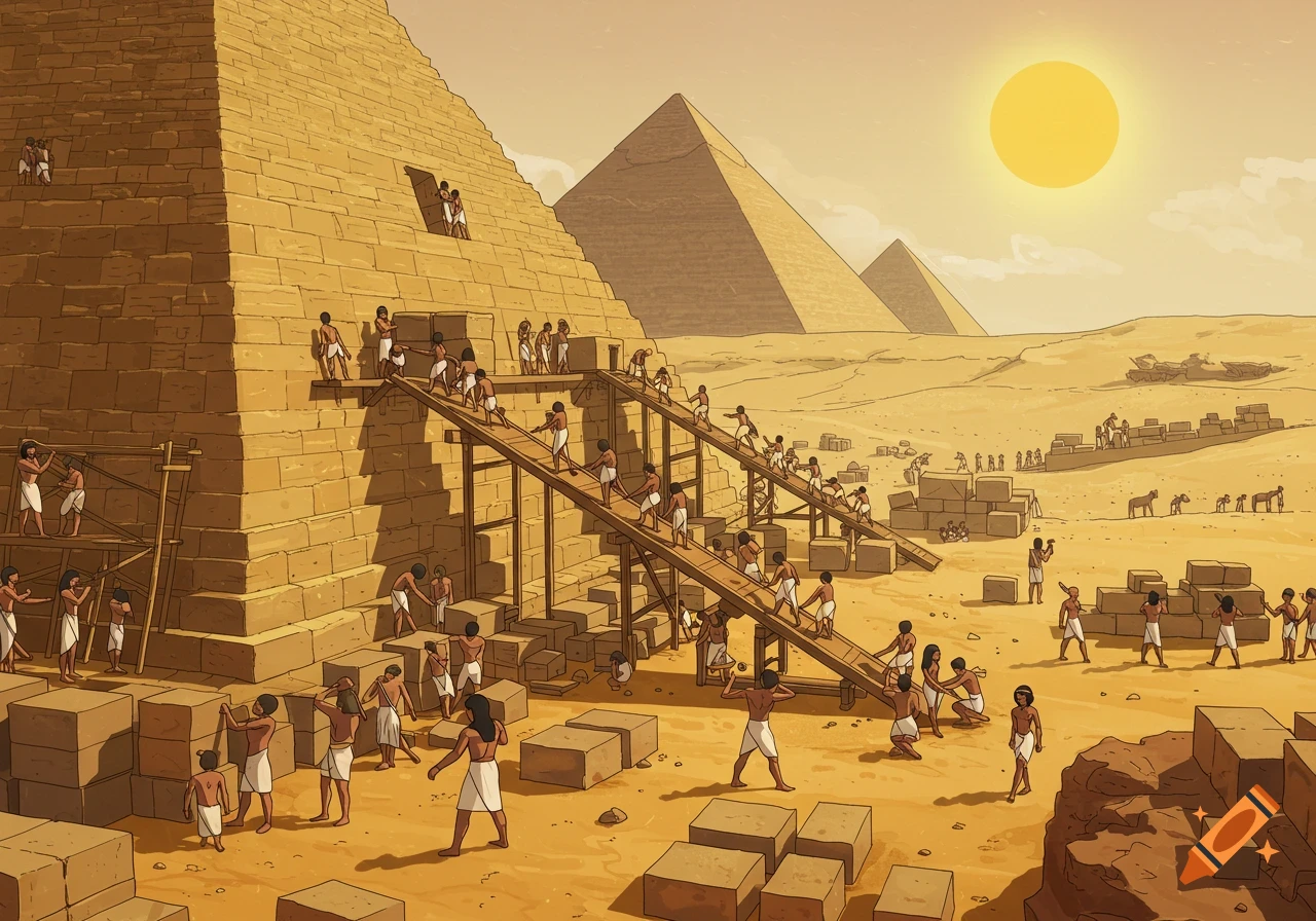 Cartoon illustration of ancient Egyptians building pyramids in the desert under a bright sun.