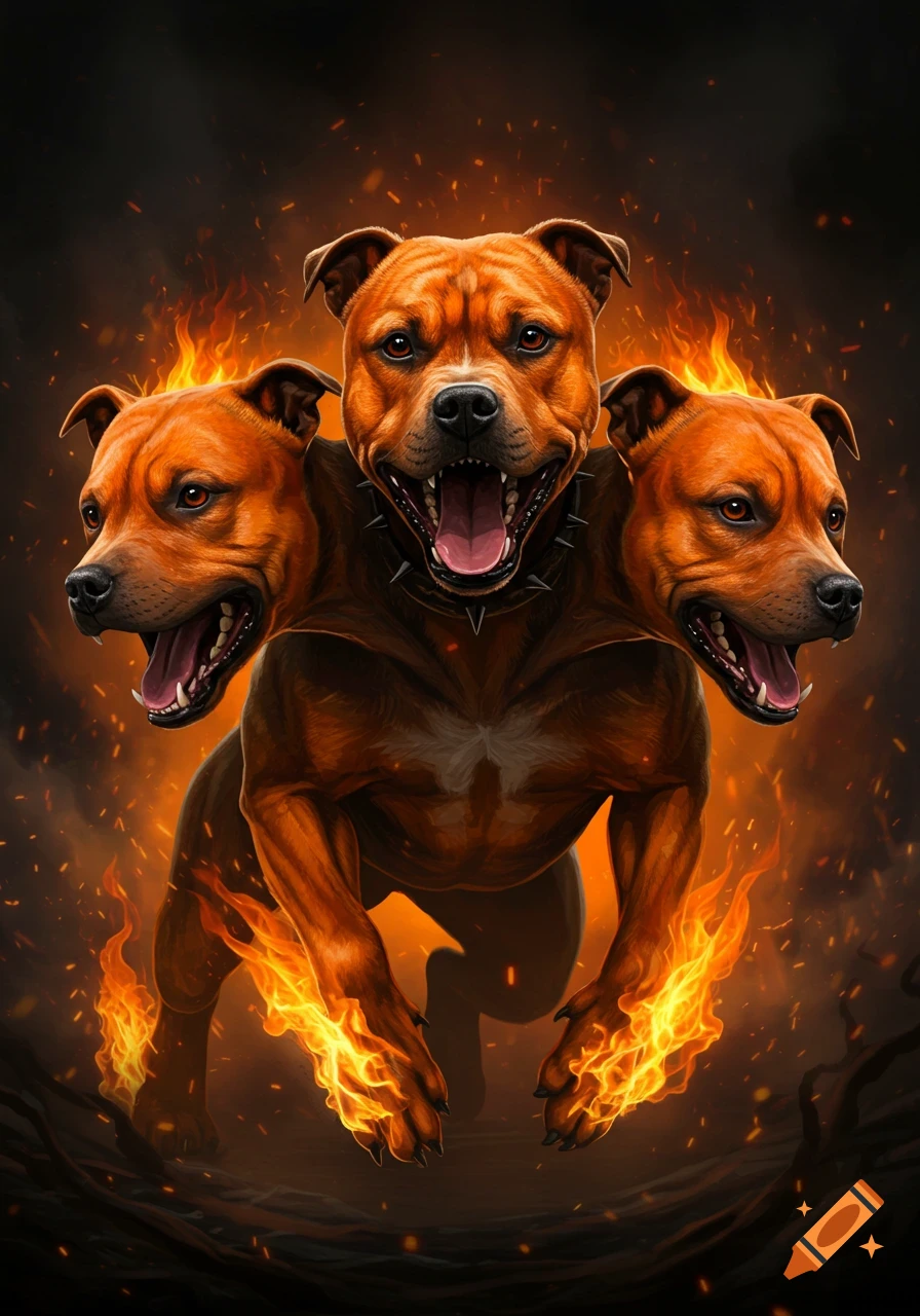 Illustration of a three-headed brindle orange dog running through flames