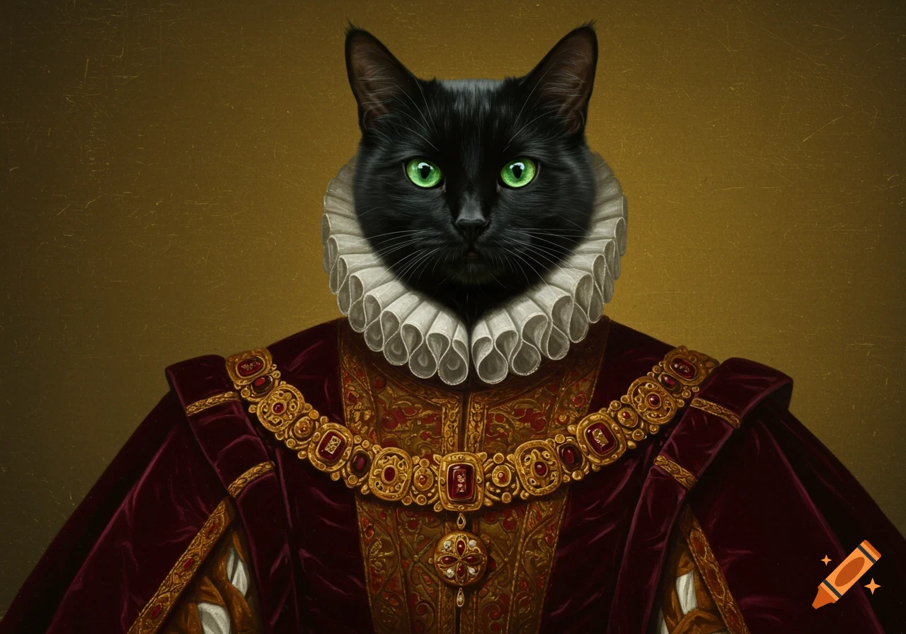 Portrait of a black cat wearing royal clothing including a ruffle collar and red and gold robes.