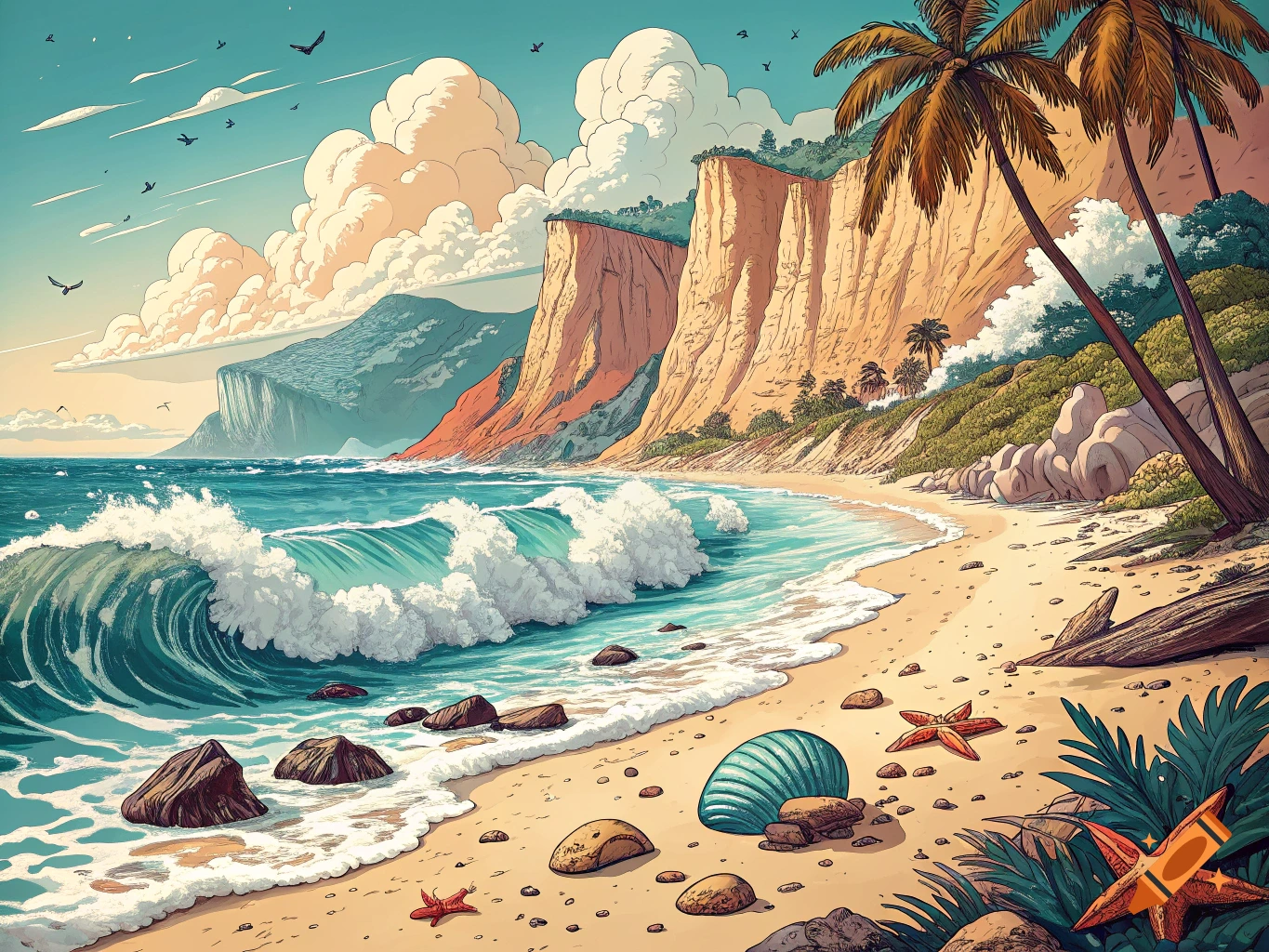 Vibrant illustration of a beach with waves, cliffs, palm trees, and starfish on the sand.