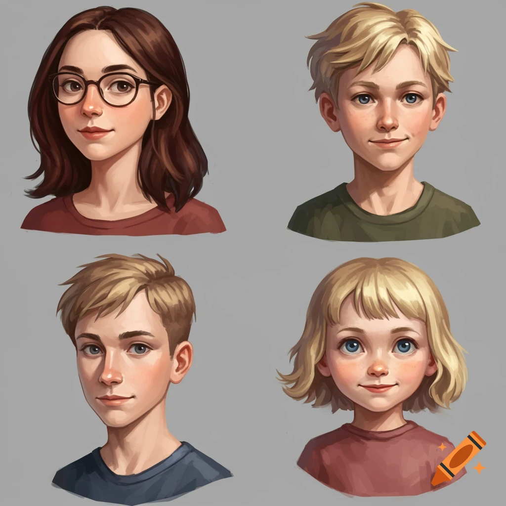 Four illustrated portraits of young people.