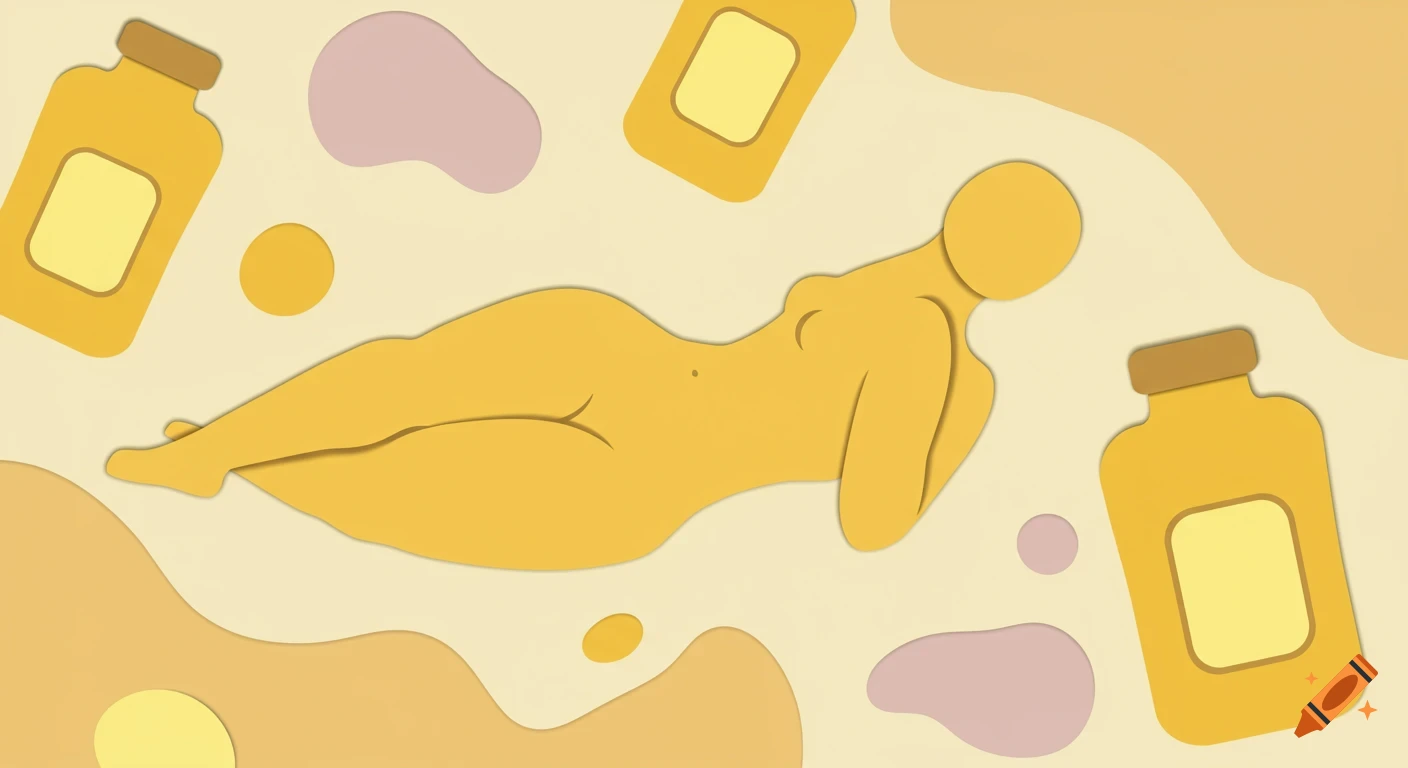 Abstract paper cutout art of a reclining figure and bottle shapes in yellow and pastel tones.