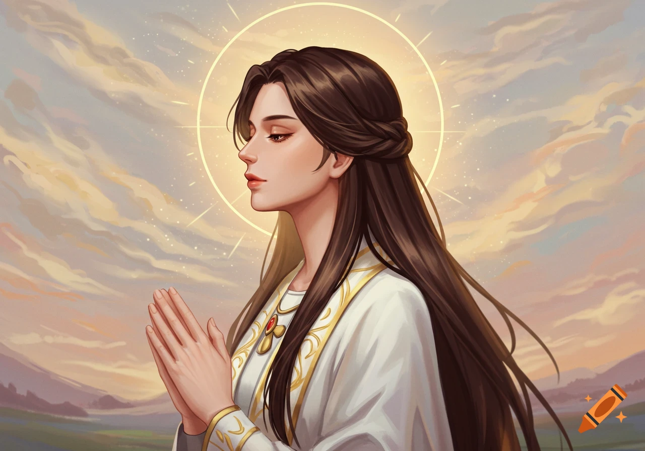 A woman with brown hair and a halo, wearing a white and gold robe and praying against a sky at dawn or dusk.