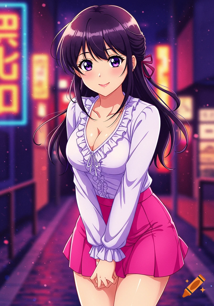 Anime woman in white blouse and pink skirt on a night street with neon lights.