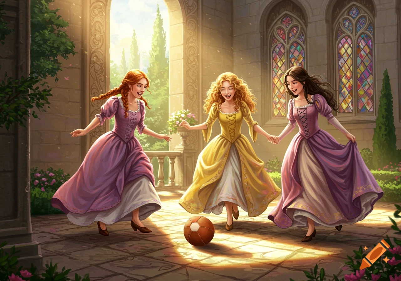 Three young women in dresses playing soccer in a sunny castle courtyard.