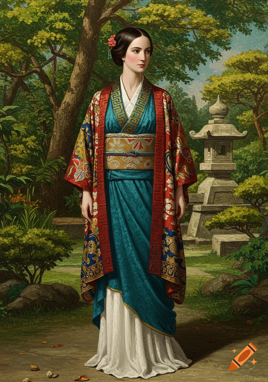 A woman wearing a colorful kimono and Greek-style dress stands in a lush garden, painted in a classical style.