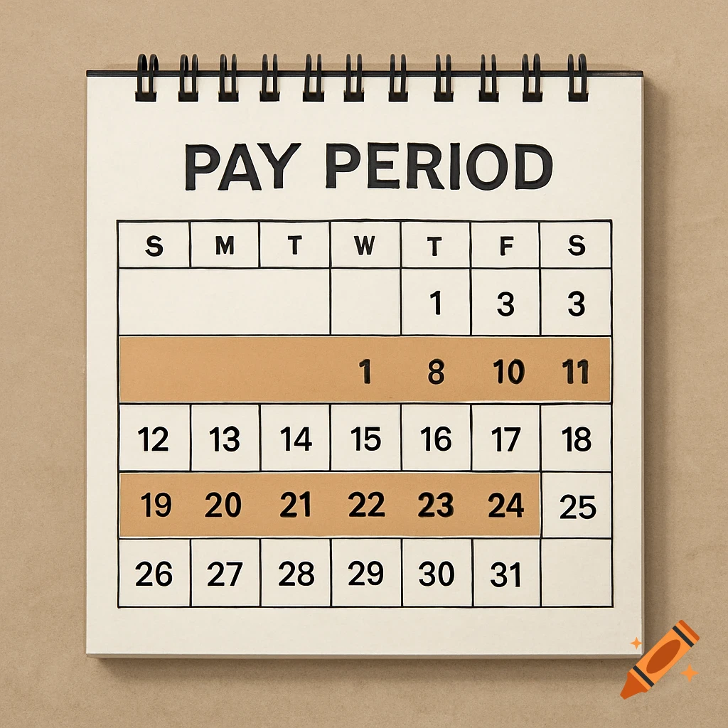 A desk calendar displaying 'PAY PERIOD' at the top.