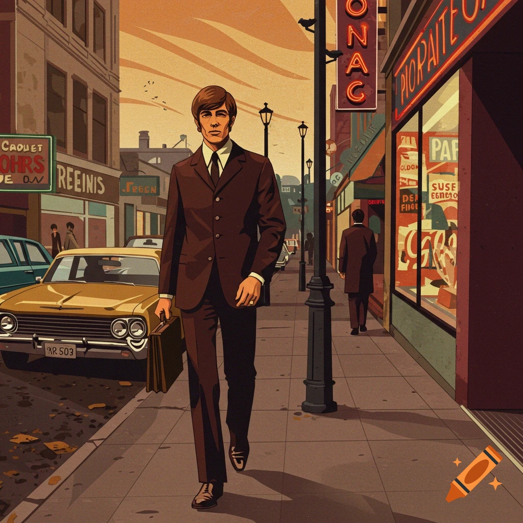 A man in a brown suit walks on a city sidewalk past shops and a yellow car in a retro illustration style.