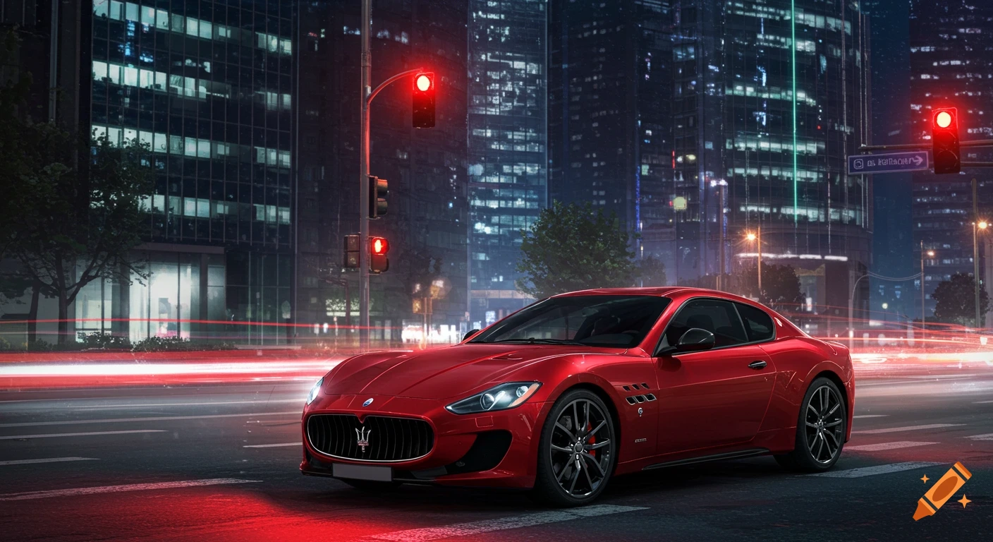 Red Maserati GranTurismo at a red light in a city at night