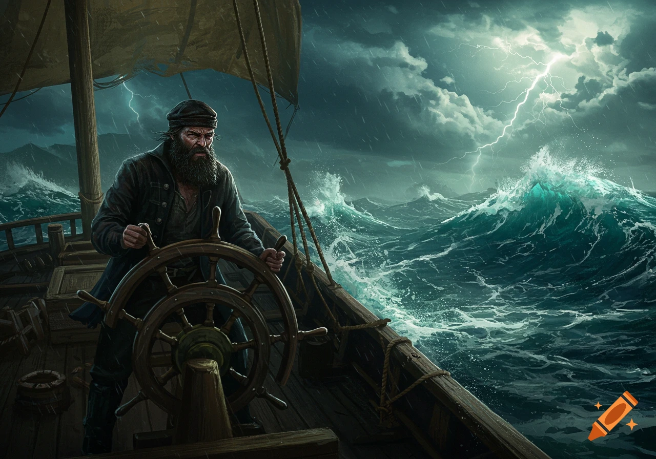 A rugged sailor steers a wooden ship through a fierce hurricane on the ocean in a digital painting.