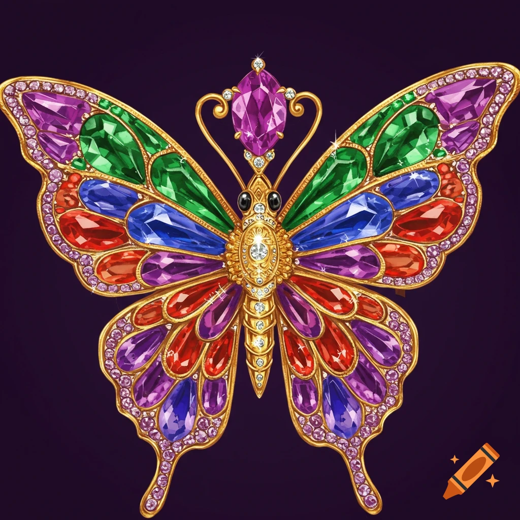 A detailed, colorful, bejeweled butterfly on a dark background