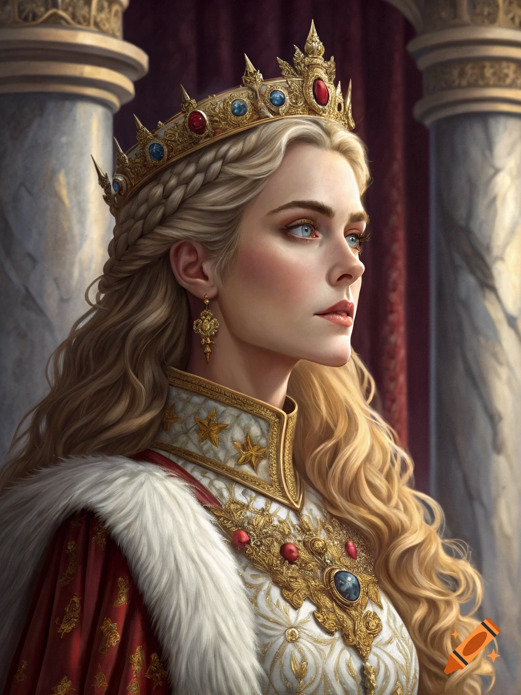 Portrait of a blonde queen wearing a crown and elaborate royal attire.