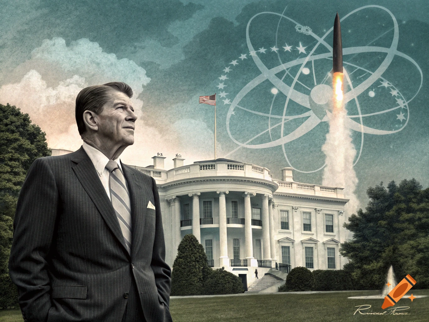 Ronald Reagan stands in front of the White House with a rocket launching behind him, with a large atom/star structure in the sky.
