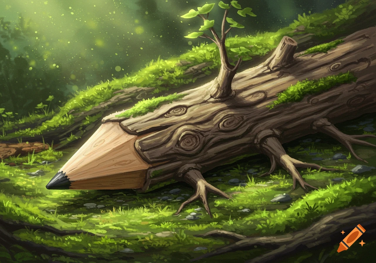 A fallen tree trunk shaped like a pencil in a mossy forest.