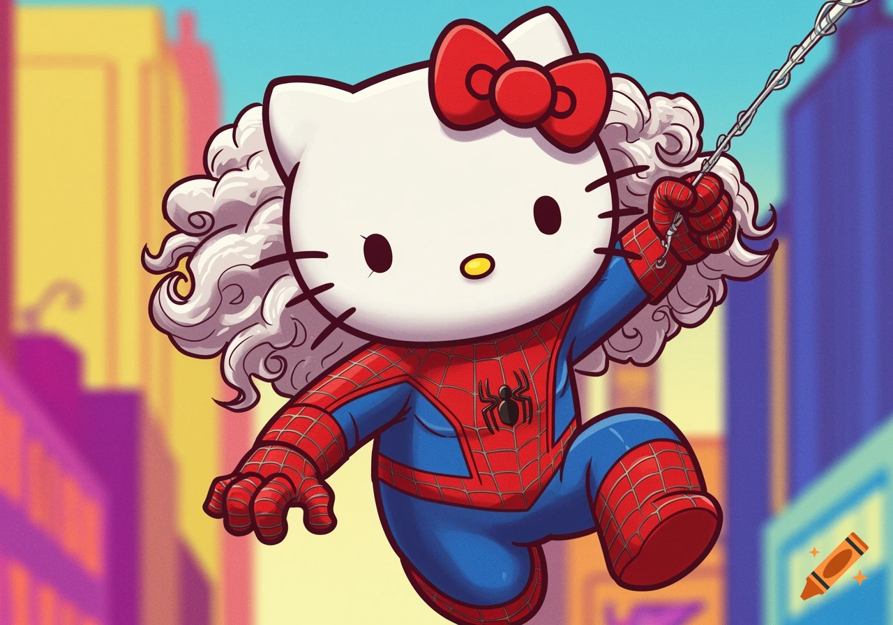 Hello Kitty dressed as Spider-Man swings through a city, drawn in a vibrant anime and comic book style.