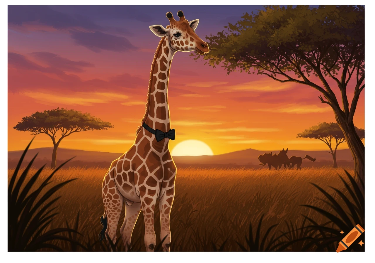 a giraffe wearing a bow tie standing in a savanna at sunset with trees and warthogs in the background.