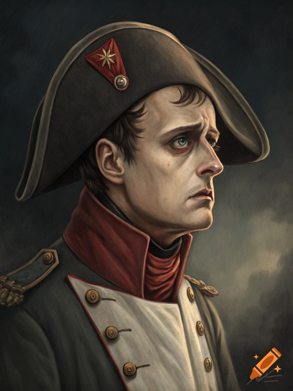 Portrait of Napoleon looking gaunt in military uniform, in a painterly style