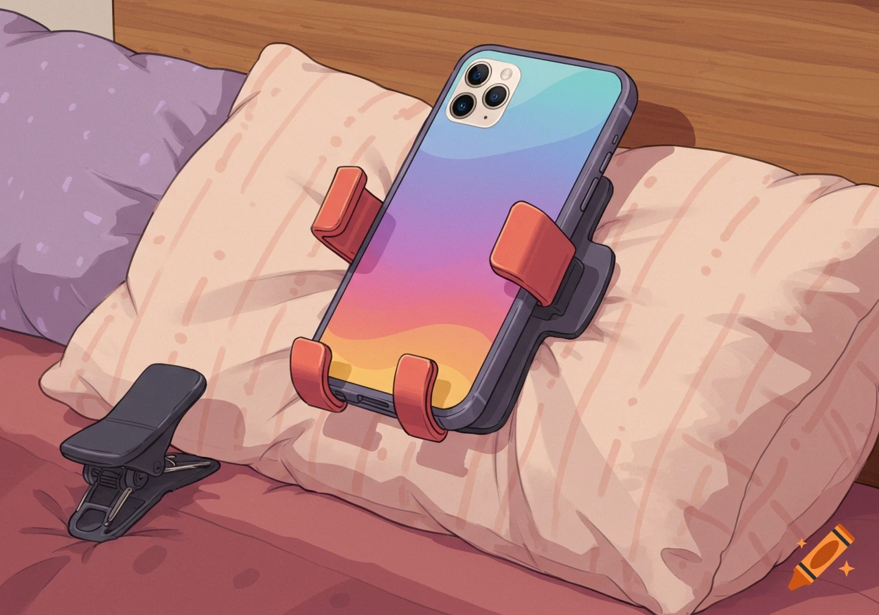 A phone in a clip holder rests on pillows in a room. Stylized illustration.