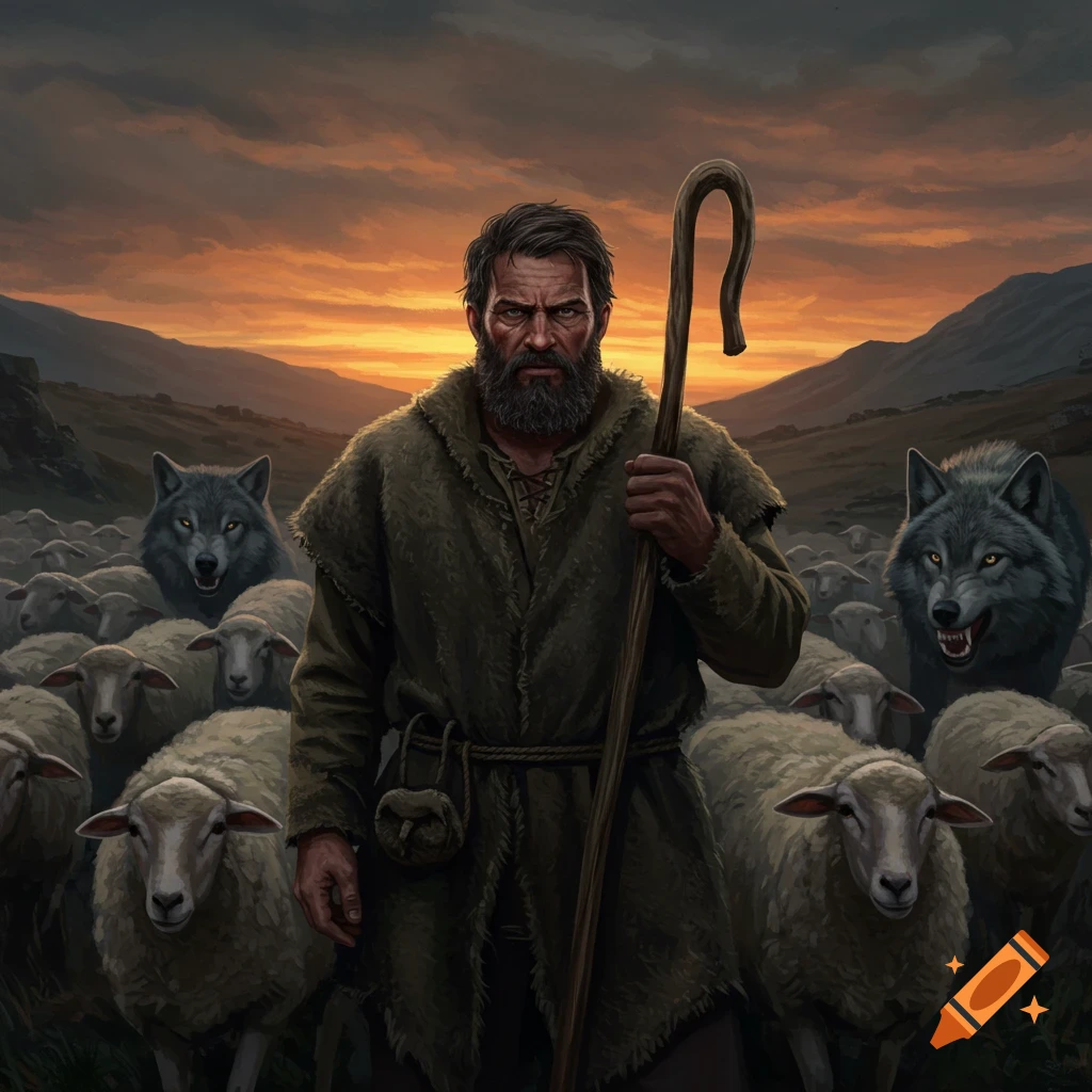 An illustrative image of a rugged shepherd with a staff standing in a flock of sheep threatened by wolves, under a dramatic sky.