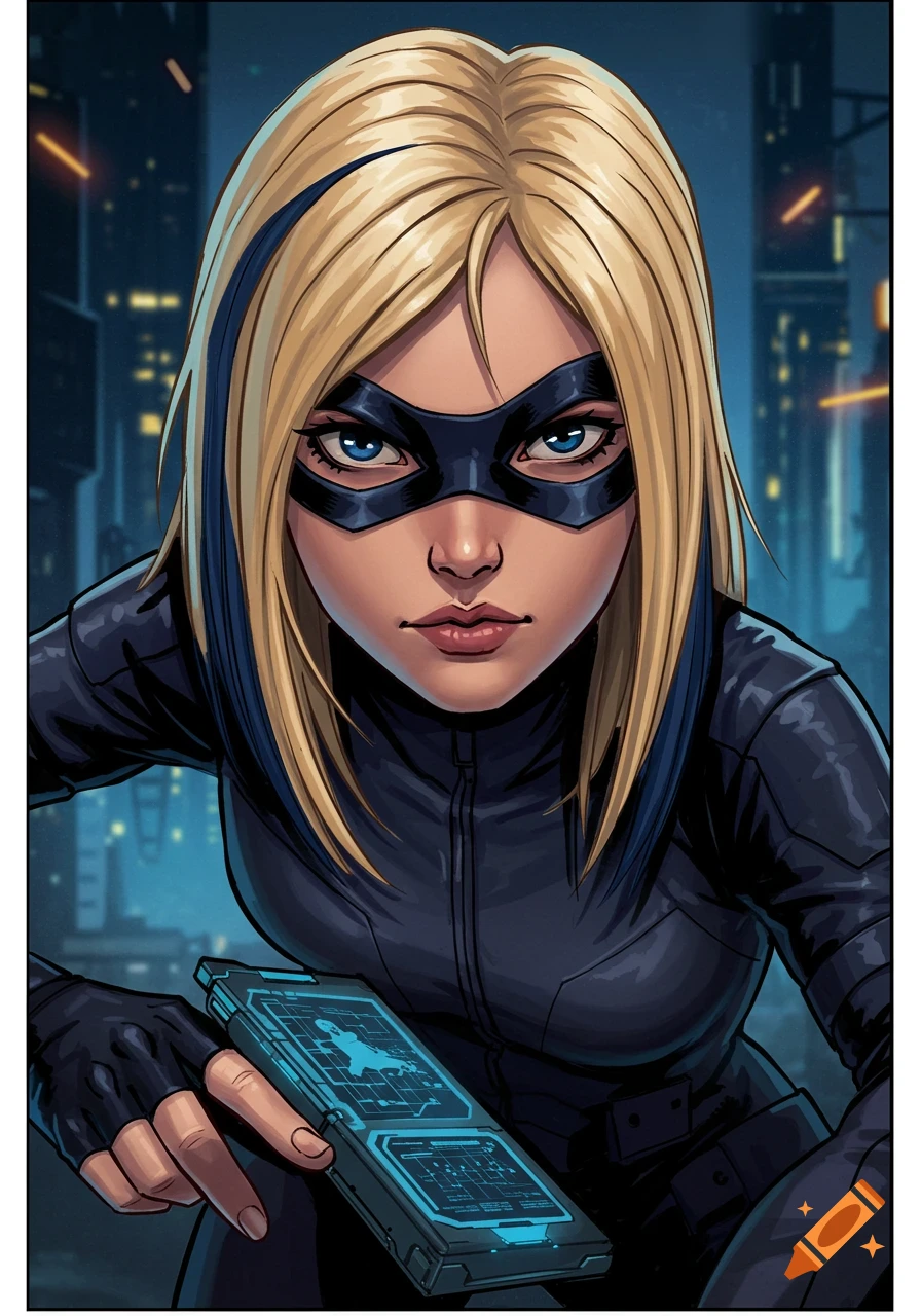 A blonde spy with a black mask holds a futuristic gadget against a city background.