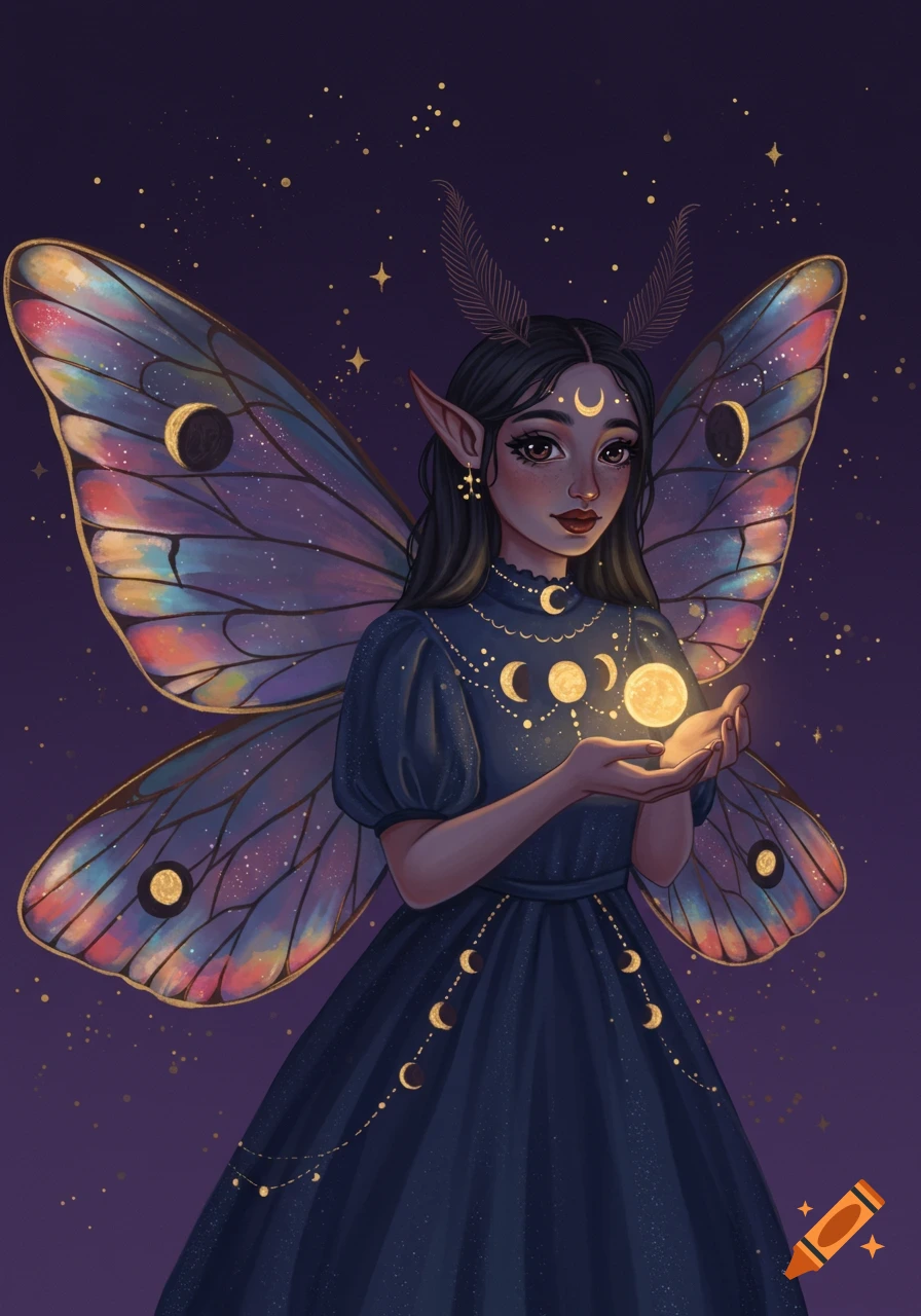 A fantasy creature with moth wings and pointy ears holds a glowing orb.