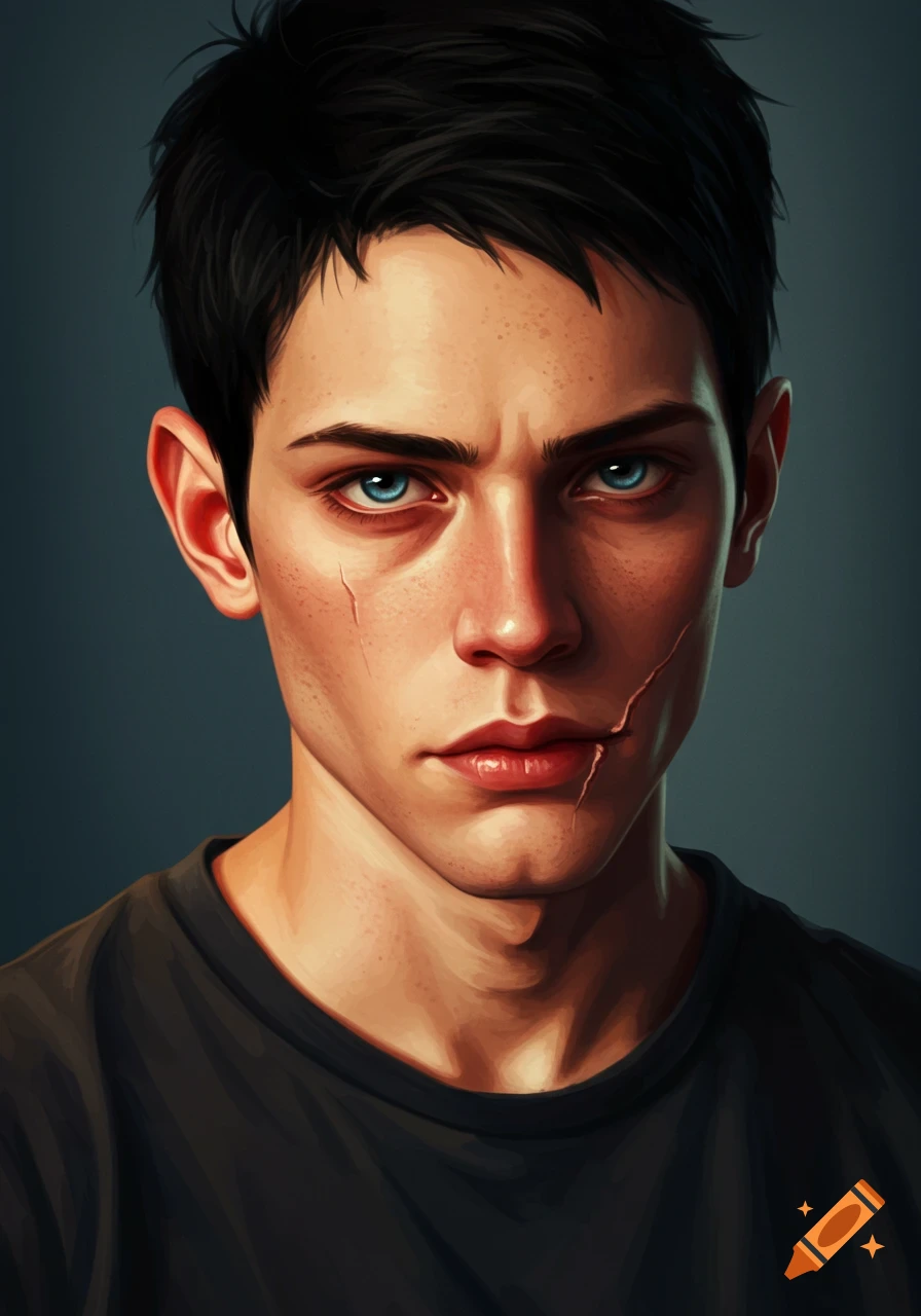 A young man with black hair, blue eyes, and scars on his face.