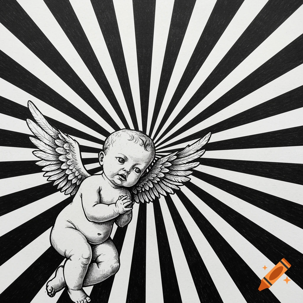 Black and white etching of a cherub with wings against a radiating striped background.
