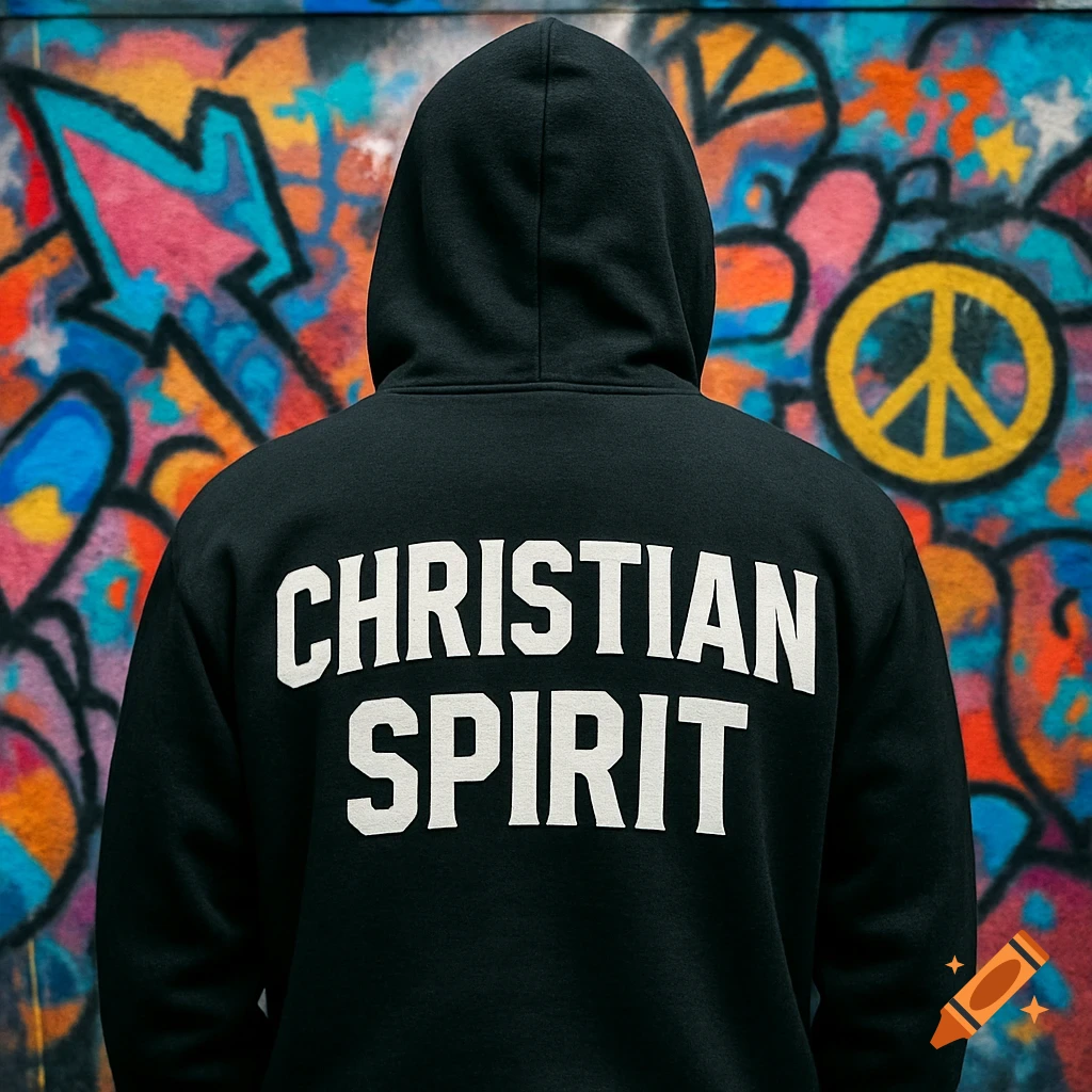 A person in a black hoodie with 'CHRISTIAN SPIRIT' on the back stands before a colorful graffiti wall.