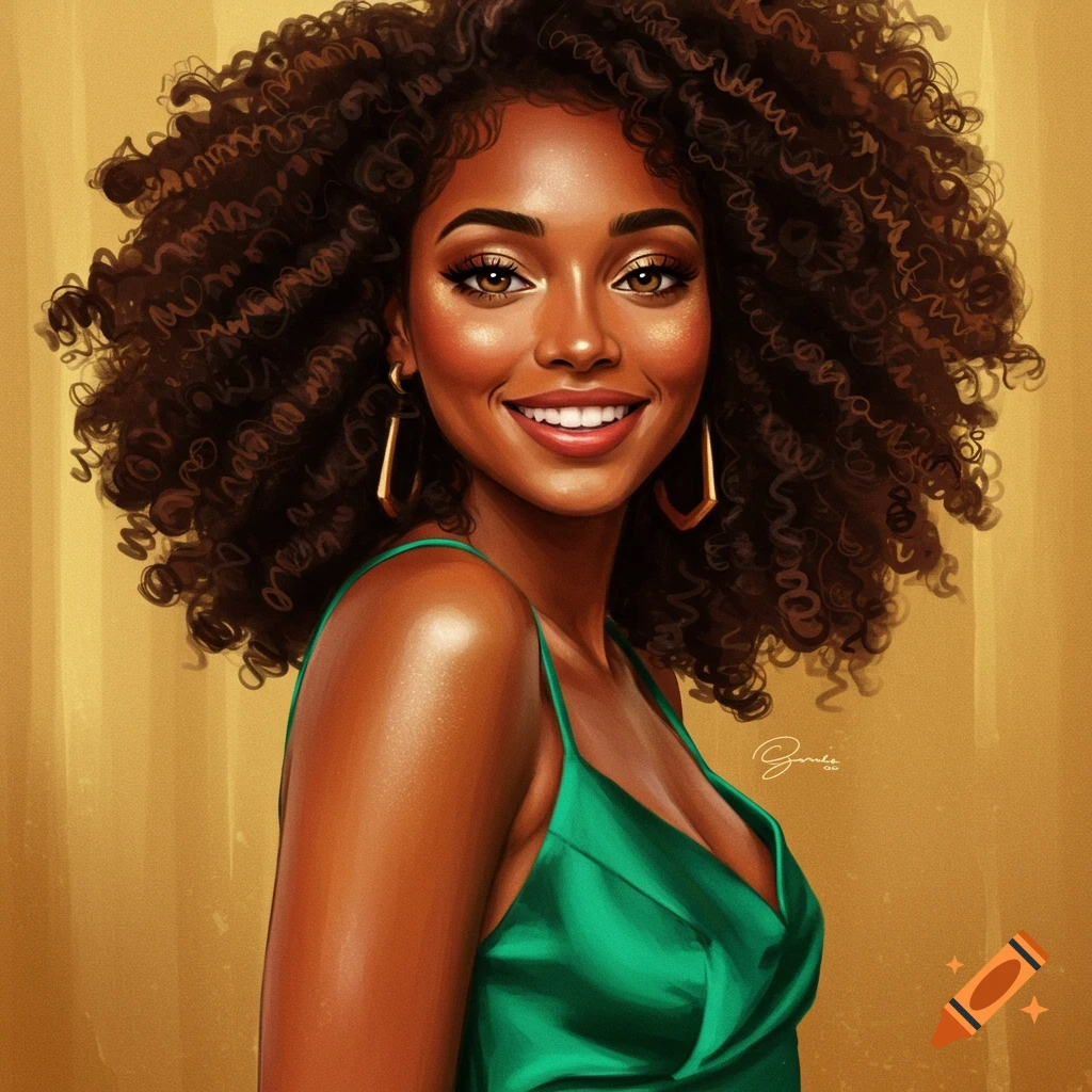 A smiling woman with curly hair, golden eyeshadow, and a green dress.